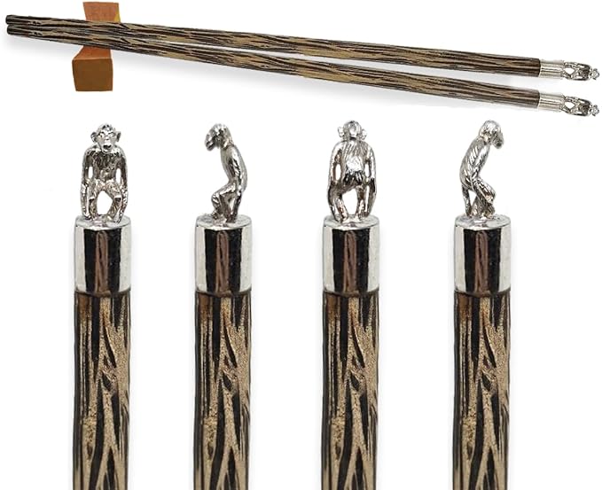 Wooden Chopsticks 9⅞" Long Coconut Palm Wood Chopstick With Metal Monkey Top Eating Utensil Oriental Cutlery Asian Tableware Decorative Dinnerware to Serve Chinese Japanese Korean Food