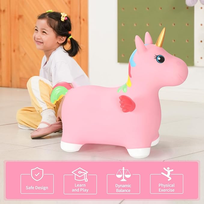 INPANY Unicorn Bouncy Horse Toys for 2 Year Old Girl, Toddler Girl Bouncing Animal Hopper Horse, Inflatable Hopping, Ride on Rubber Bouncer, Indoor Outdoor Baby Birthday Gifts for 3 4 Year Old Boys