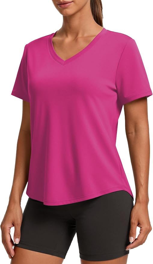 PINSPARK Soft Workout Tops for Women Short Sleeve V Neck Moisture Wicking UPF 50+ Sun Protection Quick Dry Gym Shirts