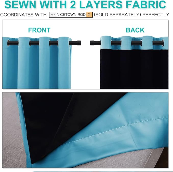 NICETOWN 100% Blackout Curtains 84 inches Long, Pair of Energy Smart & Noise Blocking Out Drapes for Baby Room Window, Thermal Insulated Guest Room Lined Window Dressing(Teal Blue, 52 inches Wide)