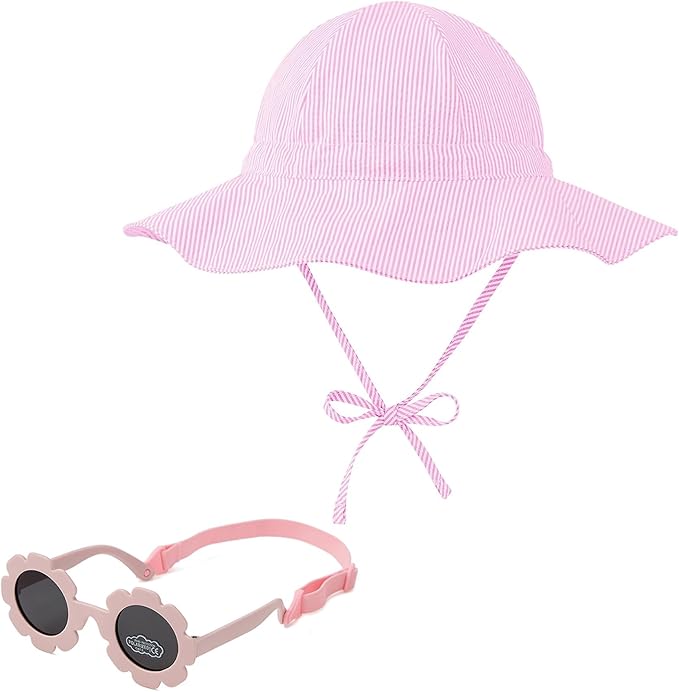 Zando UPF 50+ Wide Brim Baby Sun Hat with Sunglasses 0-12M - Sun Protection Infant Toddler Bucket Hat Adjustable for Outdoor