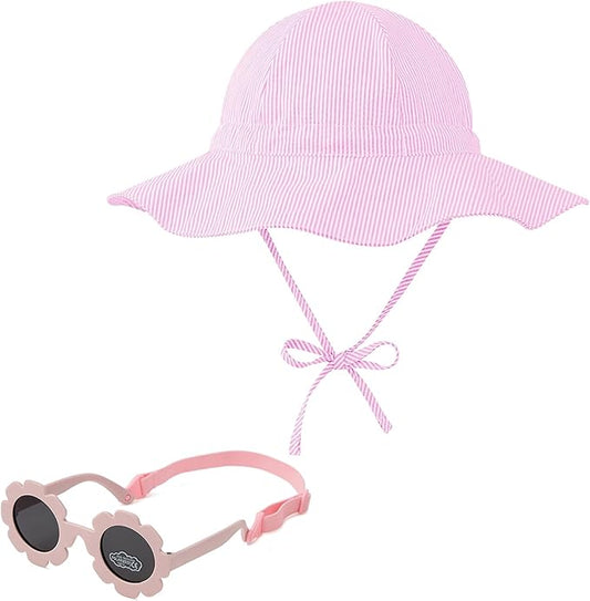 Zando UPF 50+ Wide Brim Baby Sun Hat with Sunglasses 0-12M - Sun Protection Infant Toddler Bucket Hat Adjustable for Outdoor