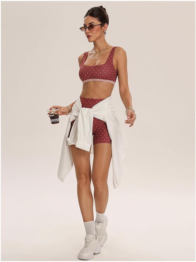 Milumia Women's Polka Dots Workout Set 2 Piece Color Block Bra Tank High Waisted Biker Shorts Layered Matching Yoga Outfit