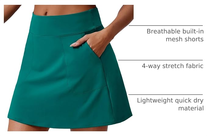 PINSPARK 17" Golf Skorts for Woman High Waisted Tennis Skirt with 4 Pockets | Lightweight, Quick Dry, 4-Way Strecth, Breathable, Tummy Control, UPF 50+ Athletic Skort for Workout, Pickleball, Gym, Casual