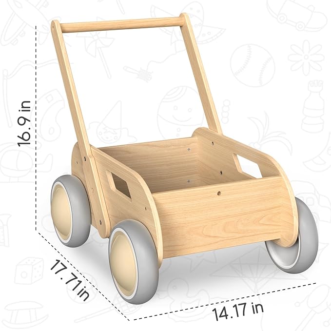 HOMEKOL Wooden Baby Push Walker, Natural Wood Color | Adjustable Height, with Rubber Wheels, for Boys and Girls, Gift for Birthday, Christmas and New Year