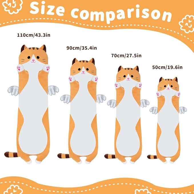 Long Plush Toy Cat Pillow Cute Plush Cat Toy Doll Stuffed Animal Cat Hugging Pillow for Sleeping Gift for Kids and Girls(Yellow,110cm/43.3in)