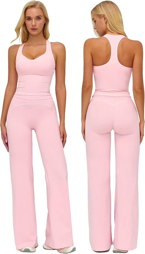 ABOCIW Two Piece Workout Sets for Women Racerback Tank Top Matching High Waist Wide Leg Yoga Pants Pilates Outfits