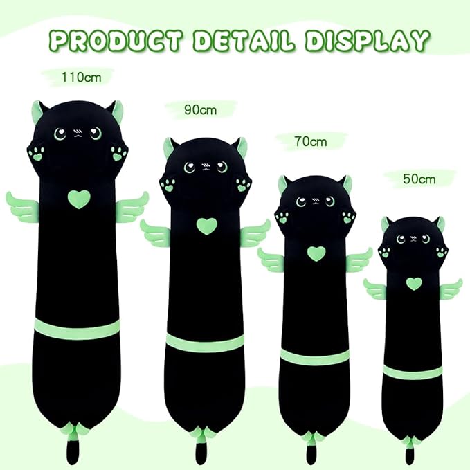 Long Cat Body Pillow for Kids, Cute Cat Stuffed Animals Gifts for Girls, Long Cat Plush Toy for Birthday, Soft Cat Plushies Pillow (AngelCat Green, 35.4in/90cm)