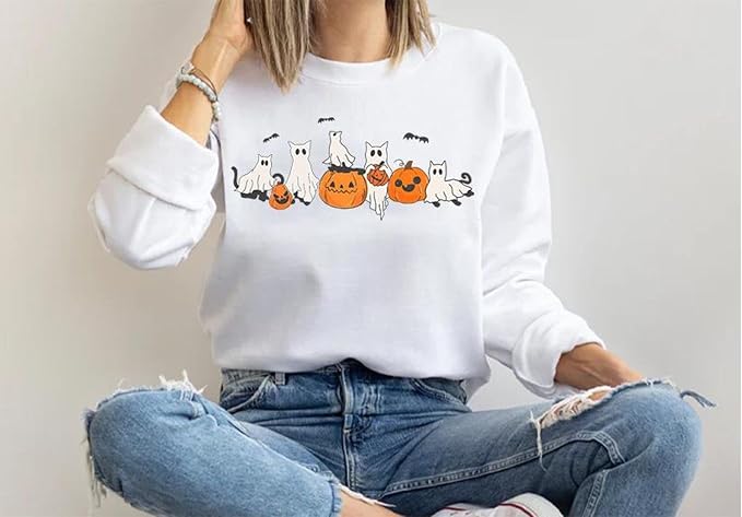 YOUNG GREEN Halloween Party Crewneck Sweatshirt Cute Ghost Sweatshirt Gift For Womens Spooky Season Shirt