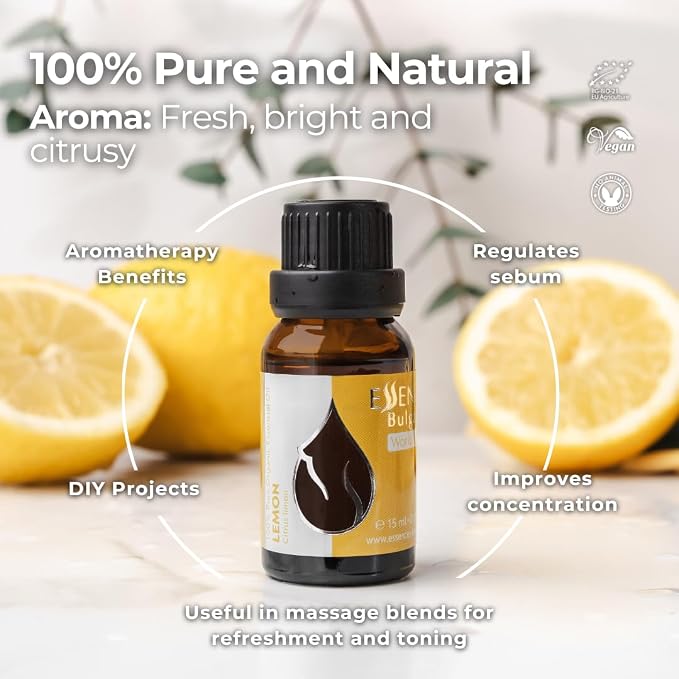 Essences Bulgaria Organic Lemon Essential Oil 0.51 Fl Oz | 15ml | Citrus Limon | 100% Pure | Natural | Undiluted | Therapeutic Grade | Aromatherapy | Cosmetics | Cruelty Free | Non-GMO | Vegan