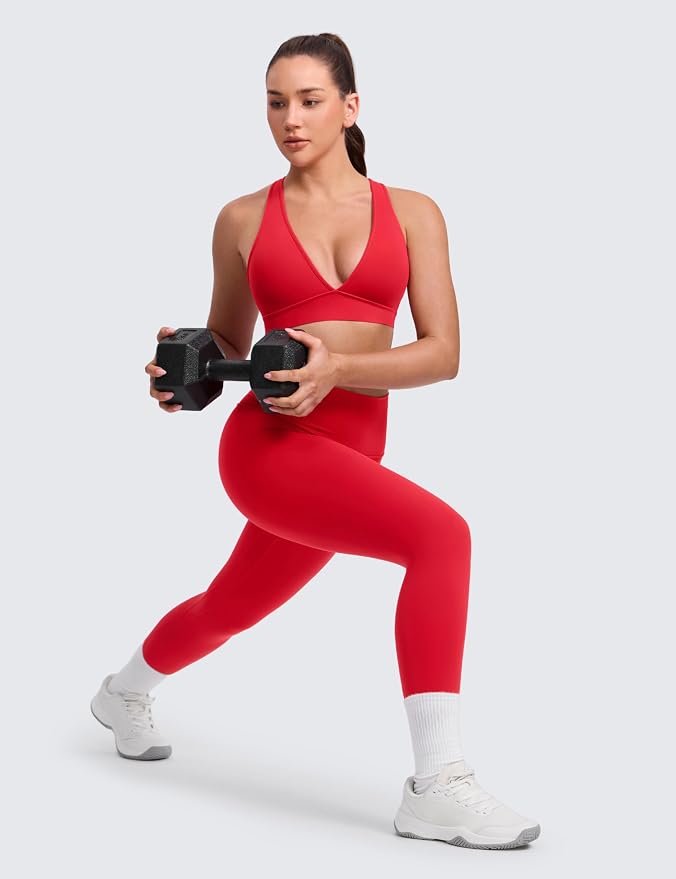 CRZ YOGA Butterlift Deep V Neck Sports Bras for Women - Padded Gym Wide Straps Cut-Out Cross Back Crop Pilates Workout Top