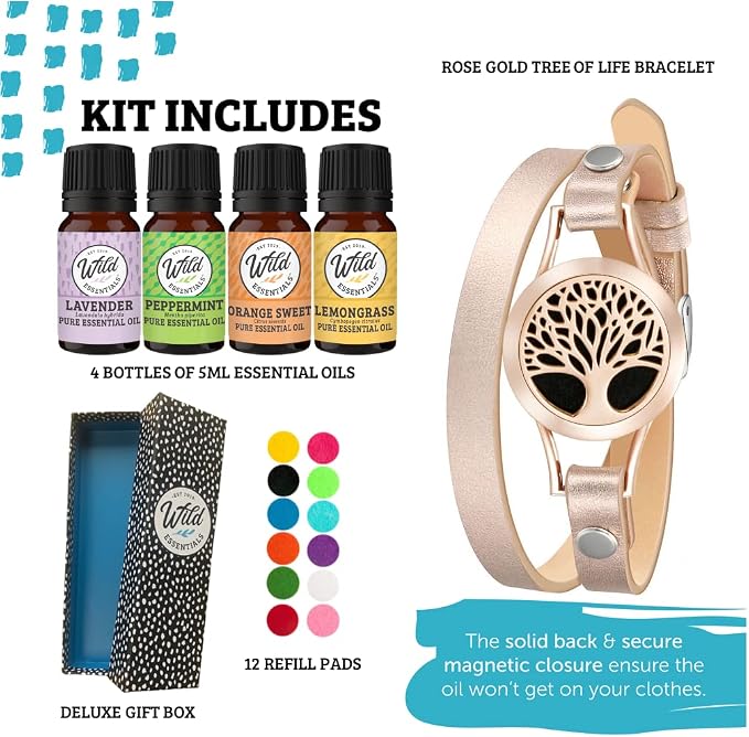 Wild Essentials Rose Gold Tree Essential Oil Leather Wrap Bracelet Diffuser, Gift Set, Lavender, Lemongrass, Peppermint, Orange Oils, 12 Pads, Customizable Color Changing Perfume Jewelry, Aromatherapy