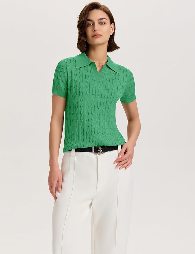 Micoson Womens Short Sleeve Sweater Tops Lapel V Neck Polo Shirts 2026 | Summer Cable Knit Loose Blouses, Business Casual Outfits