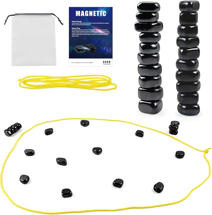 Magnetic Strategy Game Set, 20 Black Magnetic Pieces with Yellow Boundary Rope, Tabletop Party Game for 2 Players, Includes Storage Bag