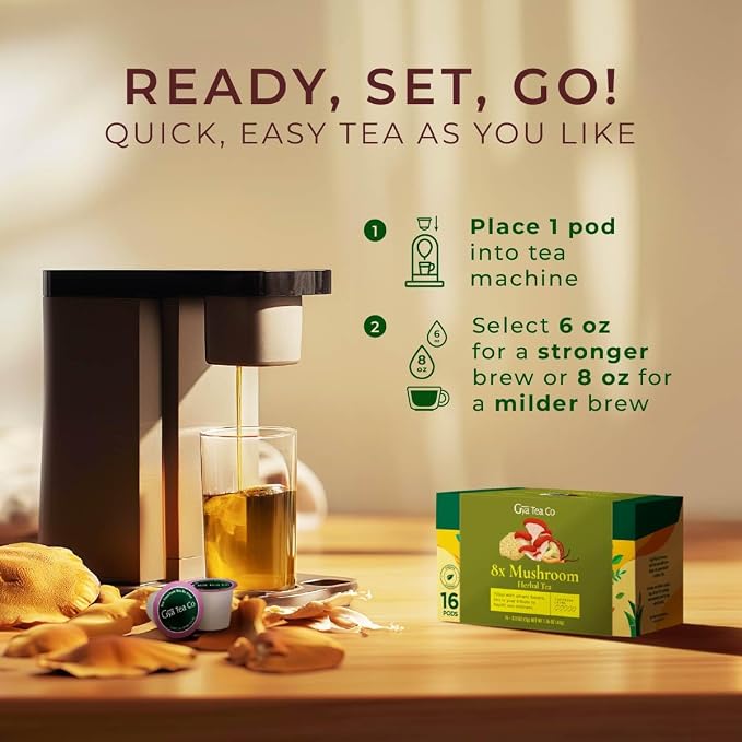 Gya Tea Co 8X Mushroom Herbal Tea Pod (16 Count)- Decaf Wellness Tea for Body Comfort & Relaxing