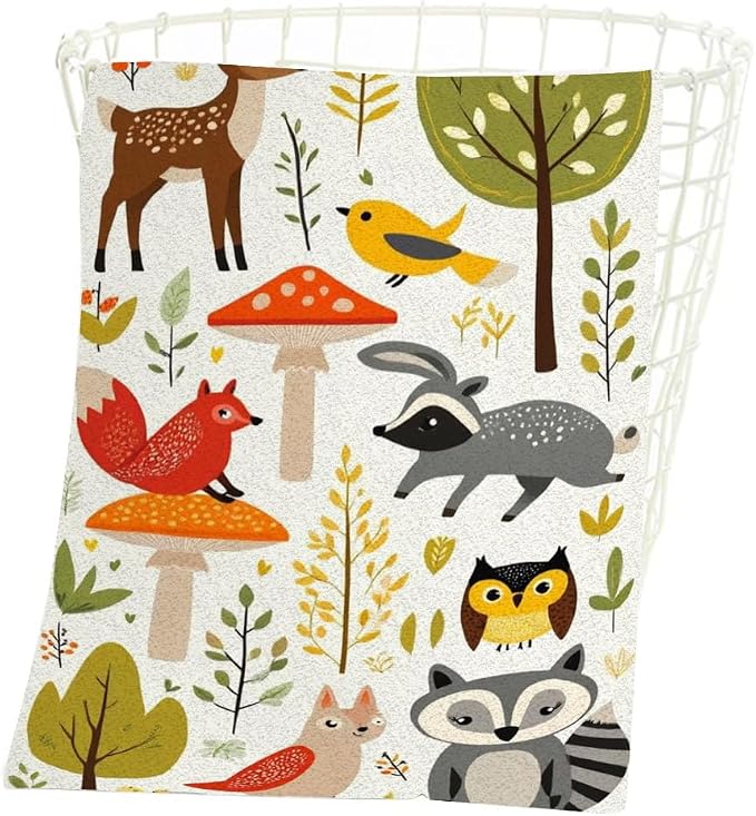 Summer Cute Woodland Animals Hand Towel Trees, Mushrooms and Berries Birthday Face Towels Suit Travel Sports Pool Swimming Bath Camping Spa Gym Yoga,15x30 Inch