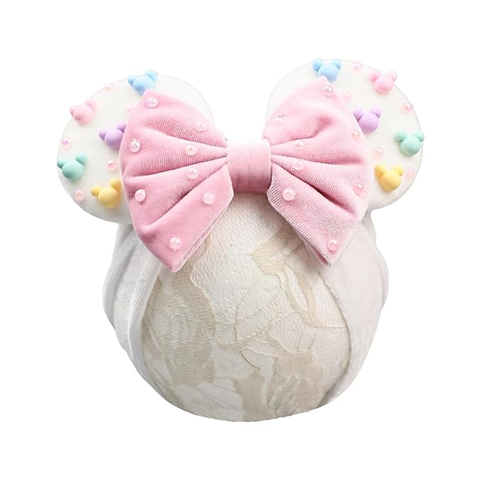 JIAHANG Baby Girl Velvet Mouse Ears Turban Headwrap with Beadings, Velvet Hair Bow Headband for Infant Toddlers Kids