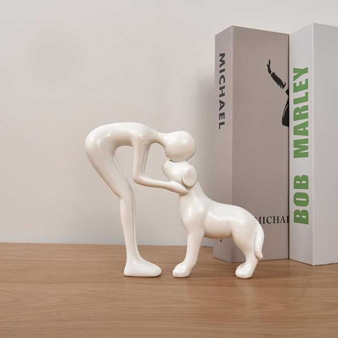 Abstract Person and Dog Sculpture Head-to-Head Figurine White | abstract sculpture celebrating the bond between person and pet. Intimate head-to-head Touching memory keepsake for dog lovers