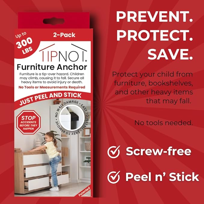 Adhesive Furniture Anchor, No-Drill, Aesthetic & Invisible Once Installed, Anti-Tip Furniture Safety Anchor to Childproof and Babyproof Your Home, Holds Up to 300 Pounds, 2-Pack