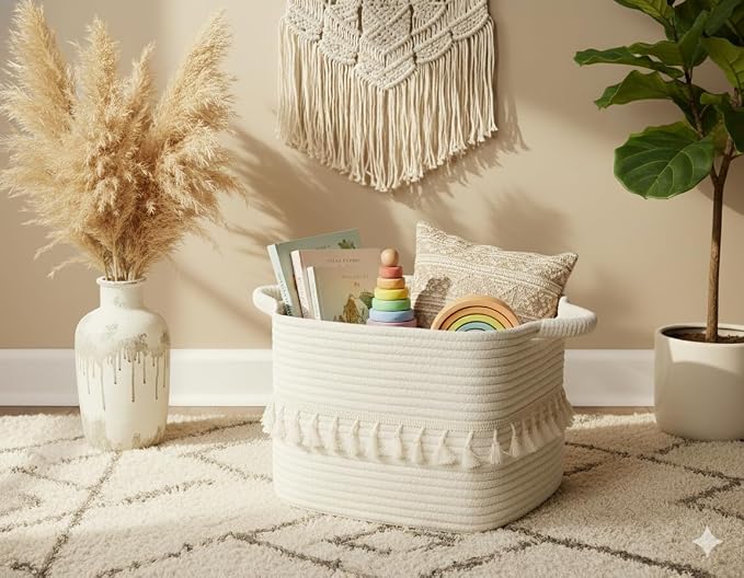 TeoKJ White Cotton Rope Baskets for Storage, Set of 3 Woven Clothes Basket for Organizing and Storage, Blanket Basket for Living Room Laundry Bathroom Shelves