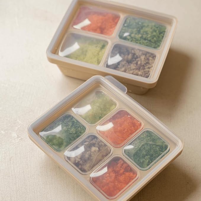 Silicone Freezer Tray, Made in Korea, Meal Prep & Food Storage Cubes with Lid for Purees, Soups, Fruits, Vegetables, Breastmilk (Creme Brulee, 4 Cube - 12.17oz)