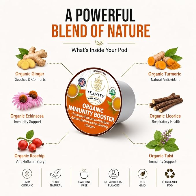 Organic Ginger Tea Pod with Echinacea, Turmeric, and Licorice for Keurig, Decaf by Teavity (12 Tea Pods)