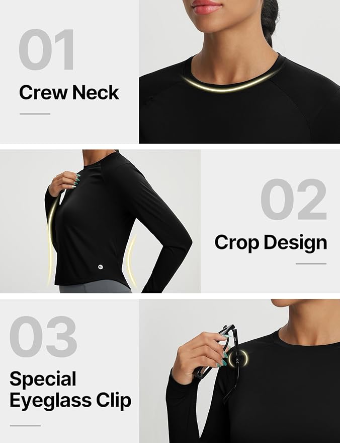 baleaf Women's UPF 50+ Long Sleeve Sun Shirts Crop Rash Guard UV Workout Tops SPF Slim Fit Lightweight Athletic Hiking