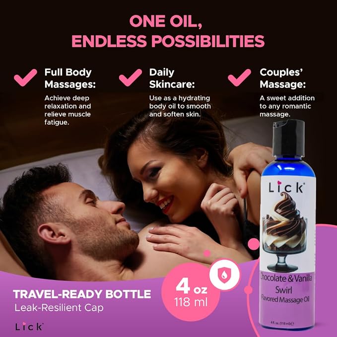 Lick Chocolate Vanilla Massage Oil – Classic Dessert Blend Edible Massage Oil with Vitamin E, Rich Smooth Texture for Couples Massage Experiences, 4 oz