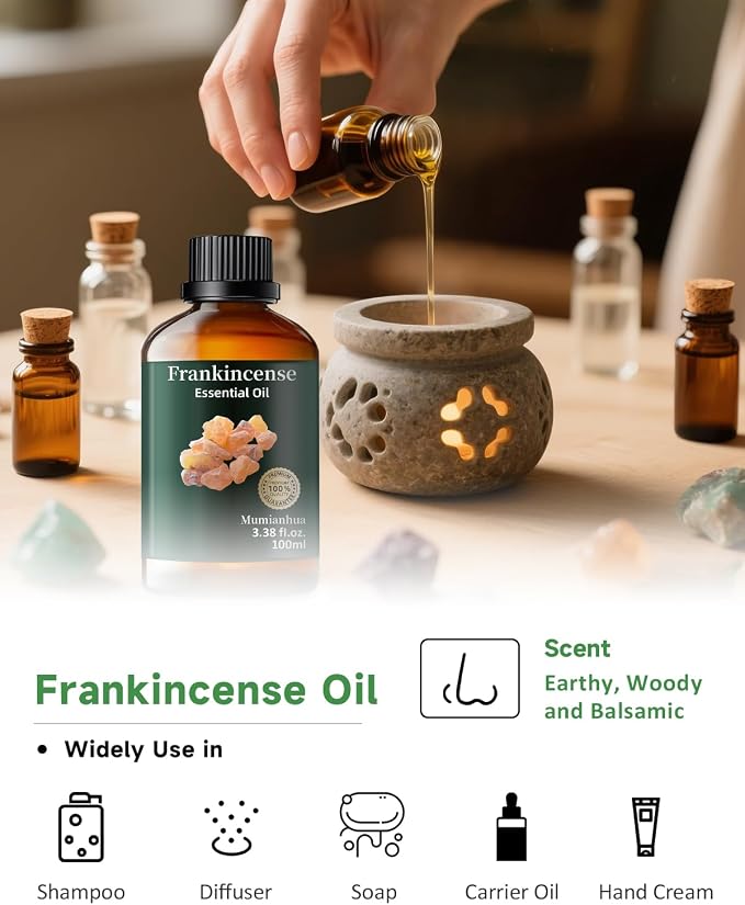 Frankincense Essential Oil, for Meditation, Diffuser & DIY, 3.38 Fl Oz | Mumianhua Frankincense Oil, Resinous, Balsamic Aroma. For Skin , DIY Serum, Candle & Soap Making, Diffusion