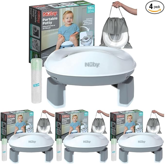 Nuby On-the-Go Portable Potty Seat - Collapsible Travel Toilet Seat for Boys and Girls 18+ Months - Includes Storage Bag and Disposable Liners - Toddler Potty Training Toilet (Pack of 4)