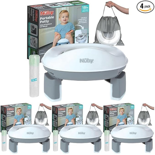 Nuby On-the-Go Portable Potty Seat - Collapsible Travel Toilet Seat for Boys and Girls 18+ Months - Includes Storage Bag and Disposable Liners - Toddler Potty Training Toilet (Pack of 4)