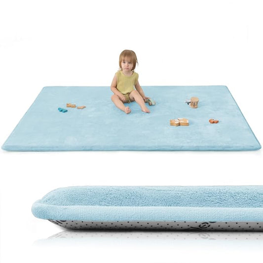 Huloo Sleep Baby Play Mat for Floor,1.3" Thick Elasti-Foam 50"×74" Playpen Mat for Tummy Time,Water Repellent Soft Coral Velvet for Toddler,Infant,Kids,Non-Slip Backing Safe for Crawling(Light Blue)