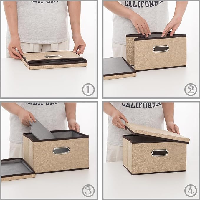 Storage Bins with Lids [3-Pack] Jute Fabric Foldable Storage Boxes Organizer Containers Baskets Cube with Cover for Home Bedroom Closet Office Nursery khaki（11.4X8.6X6.7