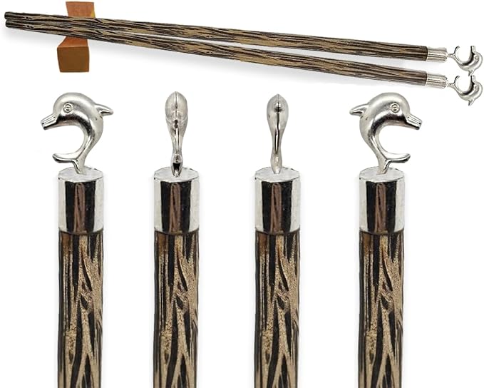 Wooden Chopsticks 9⅞" Coconut Palm Wood Chopstick With Metal Dolphin Top Eating Utensils Oriental Cutlery Asian Tableware Decorative Dinnerware to Serve Chinese Japanese Korean Food