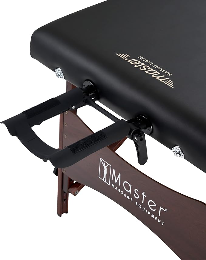 Master Massage Newport Portable Massage Table Package with Denser 2.5" Cushion, Walnut Stained Hardwood, Steel Support Cables, Pillows & Accessories, Black, 30"
