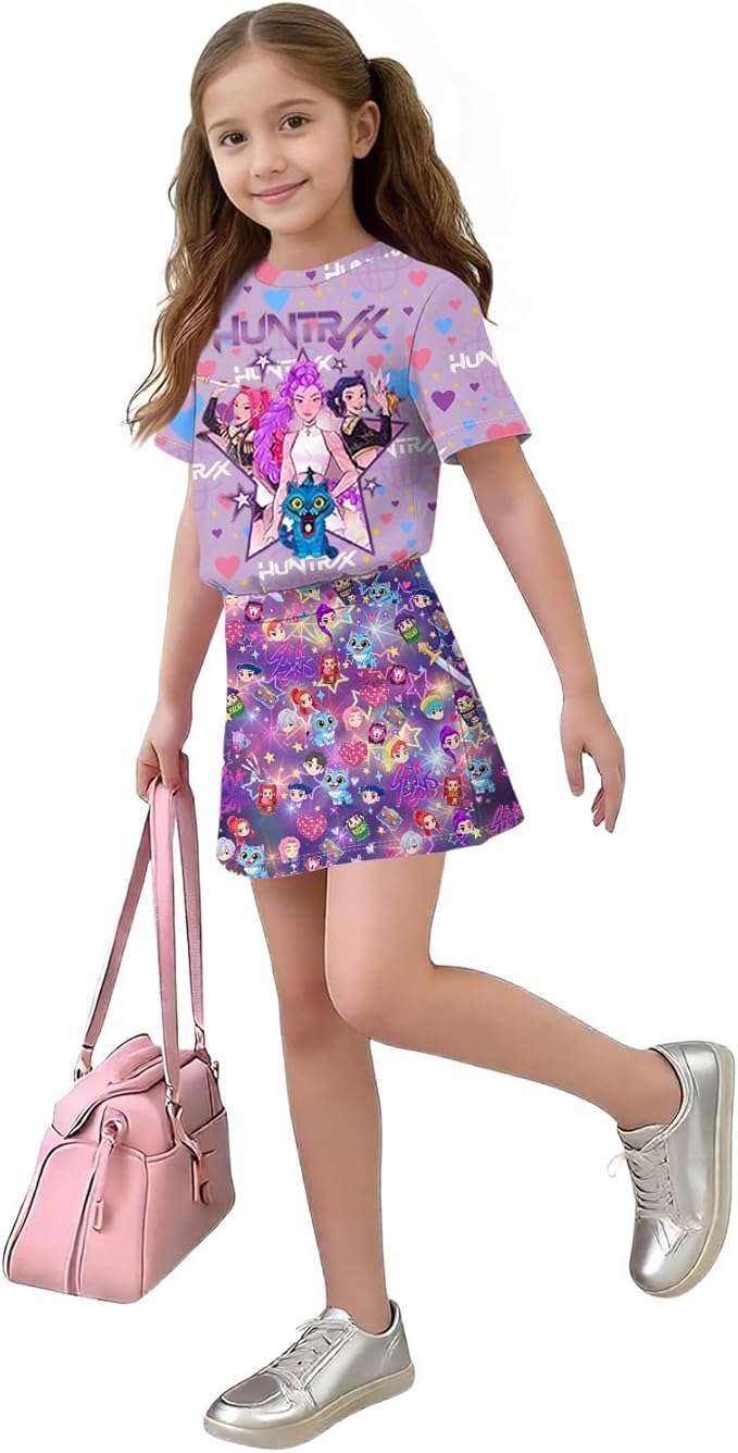 HTHLVMD K Pop Short Sleeve T-Shirt and Skirts Outfits Set for Girls Hunters Rumi Mira Zoey Graphic Tees De-Mon Costume