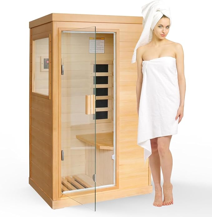 Far Infrared Sauna 1 Person Saunas for Home Spa Low EMF Dry Sauna | Canadian Hemlock Wood Indoor Sauna with Tempered Glass Door, Speaker, Reading Light, Easy Assembly, 1200W, 61.61*35.24*27.56"