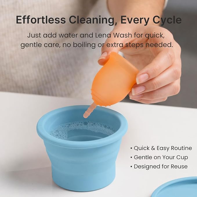 Lena Menstrual Cup Cleaner Case & Period Disc Sanitizer, Home and Travel Size Feminine Wash, Period Essentials for Women, Microwavable, Compact & Collapsible Silicone Container, Light Blue