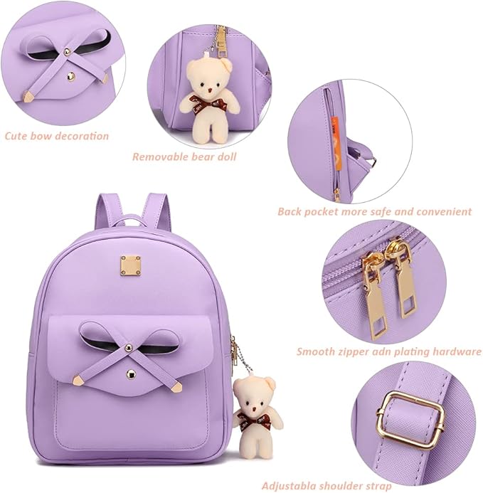 MACCINELO Cute Leather Mini Backpack Purse for Women Bowknot Small Backpack for Girls gift Rucksack Ladies Shoulder Bag 3pcs