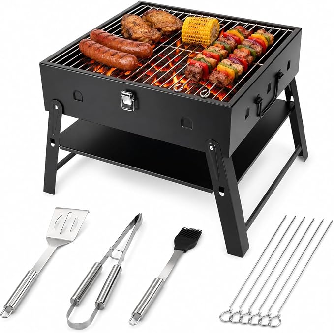 Portable BBQ Charcoal Camping Grill: Tabletop Folding Barbecue Grills | with Stainless Steel BBQ Grilling Tool Set, Fathers Day Birthday Grilling Gift for Men Dad Husband