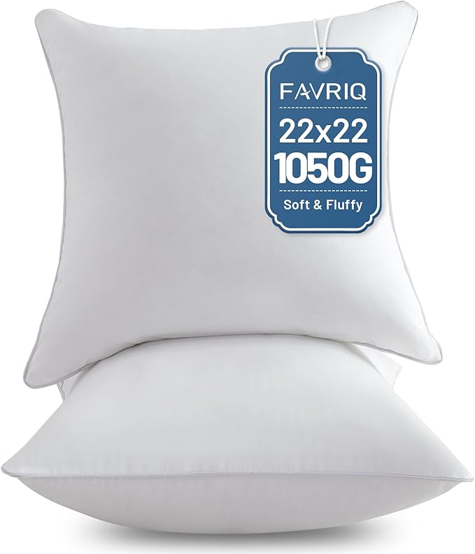 FAVRIQ 22 x 22 Pillow Inserts (Set of 2) - 22 Inch Square Interior Sofa Throw Pillow Inserts with 100% Cotton Cover - Decorative Pillow Insert White Sofa Pillow