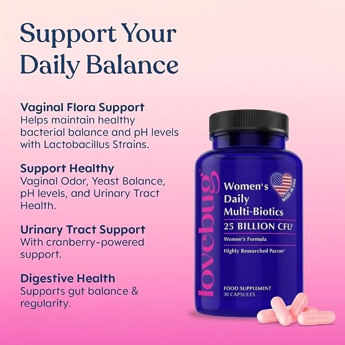 LOVEBUG Yeast + Vaginal pH Support | Clinically Studied Ingredients for Yeast & UTIs | Multi Strain 50 Billion CFU | 60 Capsules