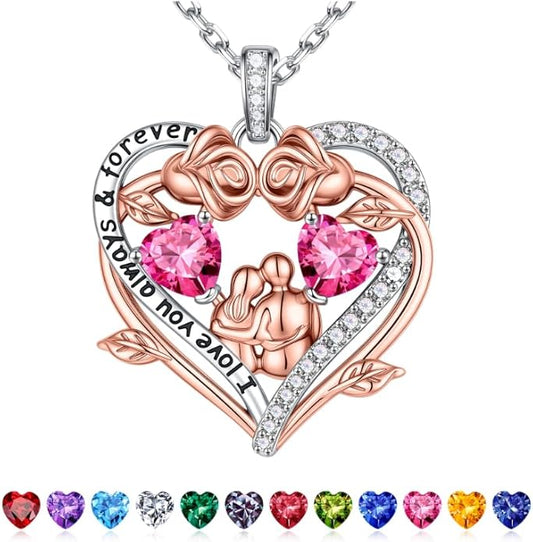 Iefil Valentines Gifts for Her Wife - 925 Sterling Silver Double Heart Birthstone Necklace, Anniversary Birthday Gifts for Women Wife Girlfriend