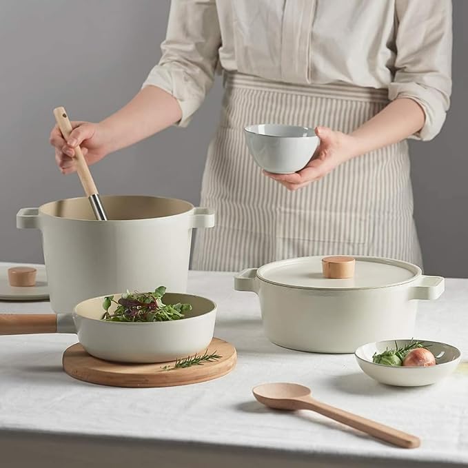 Neoflam FIKA 6 Piece Kitchen Nonstick Cookware Pot Set with GlassLid, Induction, Multipurpose Cooking Essential Casserole, Every Day Use, Made in Korea (Ivory)
