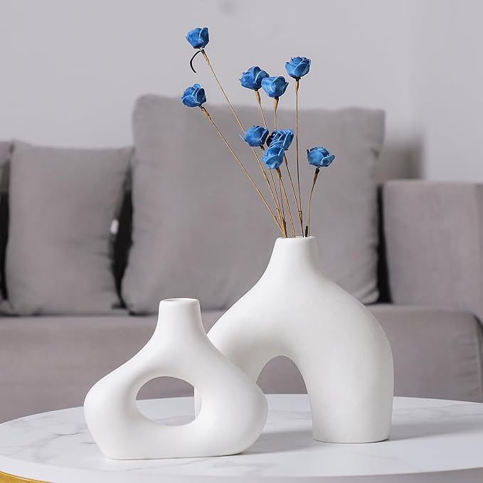 CEMABT White Ceramic Vase Set of 2 for Modern Minimalist Bohemian Decor，Round Matte Donut Vases for Pampas Grass-Perfect for Living Room, Dining Table, Office Bedroom Shelf Decor Entryway, Console