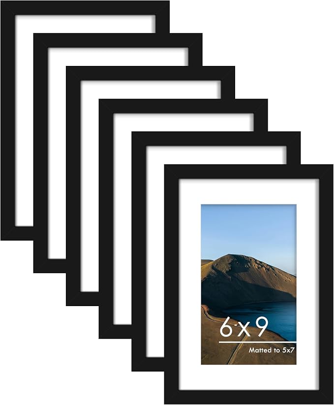 6x9 Picture Frame Set of 6, Wall or Tabletop Display, Black | Display Pictures 4x6 with Mat or 6x9 Without Mat, Horizontal or Vertical, Gallery Wall Frame Set, Wedding Birthday Gifts