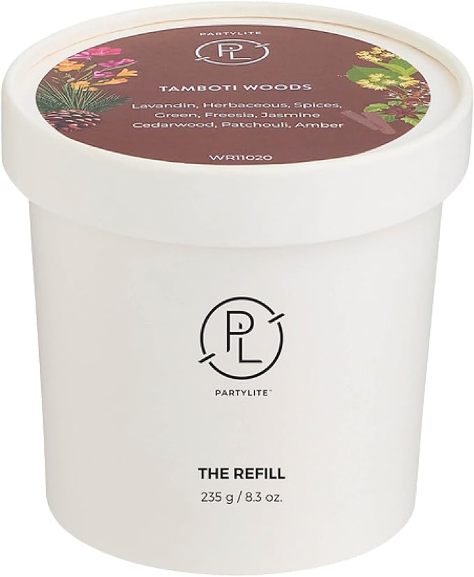 PartyLite Tamboti Woods Scented Candle Refill, Notes of Amber, Patchouli, Lavender & Green Moss, 10oz 1-Wick Aromatherapy Candle, Up to 40 Hours of Luxury Fragrance, Sustainable Premium Soy Wax