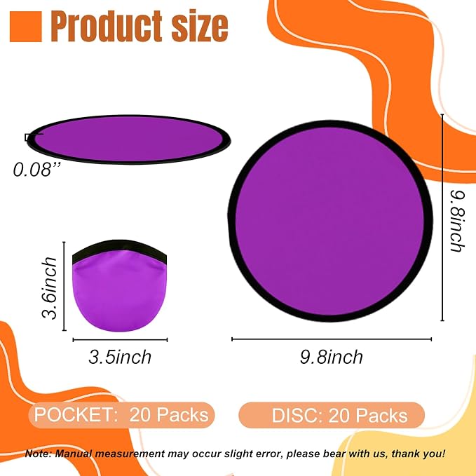 20PCS Foldable Flying Disc Fans with Bags, 9.8'' DIY Handheld Black Egde Fabric Folding Fan for Outdoor Game Activities Birthday Party Favors Gifts, Purple