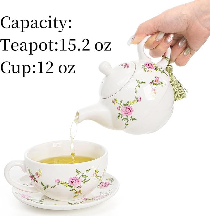 Coloch Tea for One Set, Porcelain Teapot Cup and Saucer Set with Tassel Vintage Floral Ceramic Tea Set for One for Women, Home, Office, Afternoon Tea, Rattan Flower Design