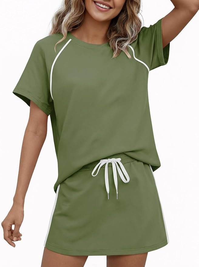 Womens 2 Piece Skirt Sets Summer Tennis Outfits Vacation Skort Set | Two Piece Sets, Short Set, Athletic Workout Golf Outfits, Crew Neck, Color Block, Drawstring, Workout Mathcing Lounge Sets